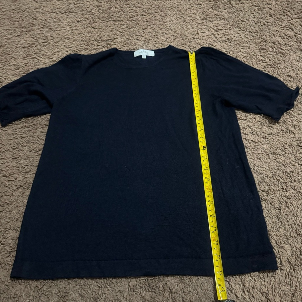 Pearl By Lela Rose Merino Wool Navy Blue Sweater Top Short Sleeve Puff Sleeve M - Picture 7 of 9